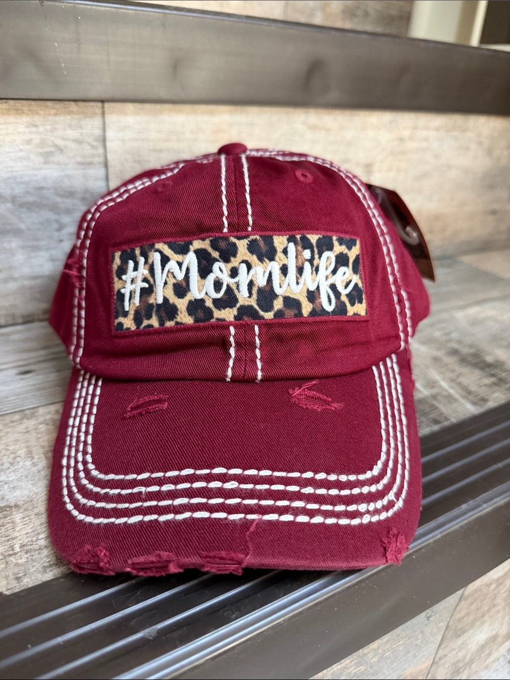 NWT KBETHOS VINTAGE distressed Burgundy #Momlife Leopard Patch Baseball Cap